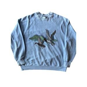 Vintage Jerzees by Russell Black Tag USA Made Blue XL Duck Print Raglan Crewneck